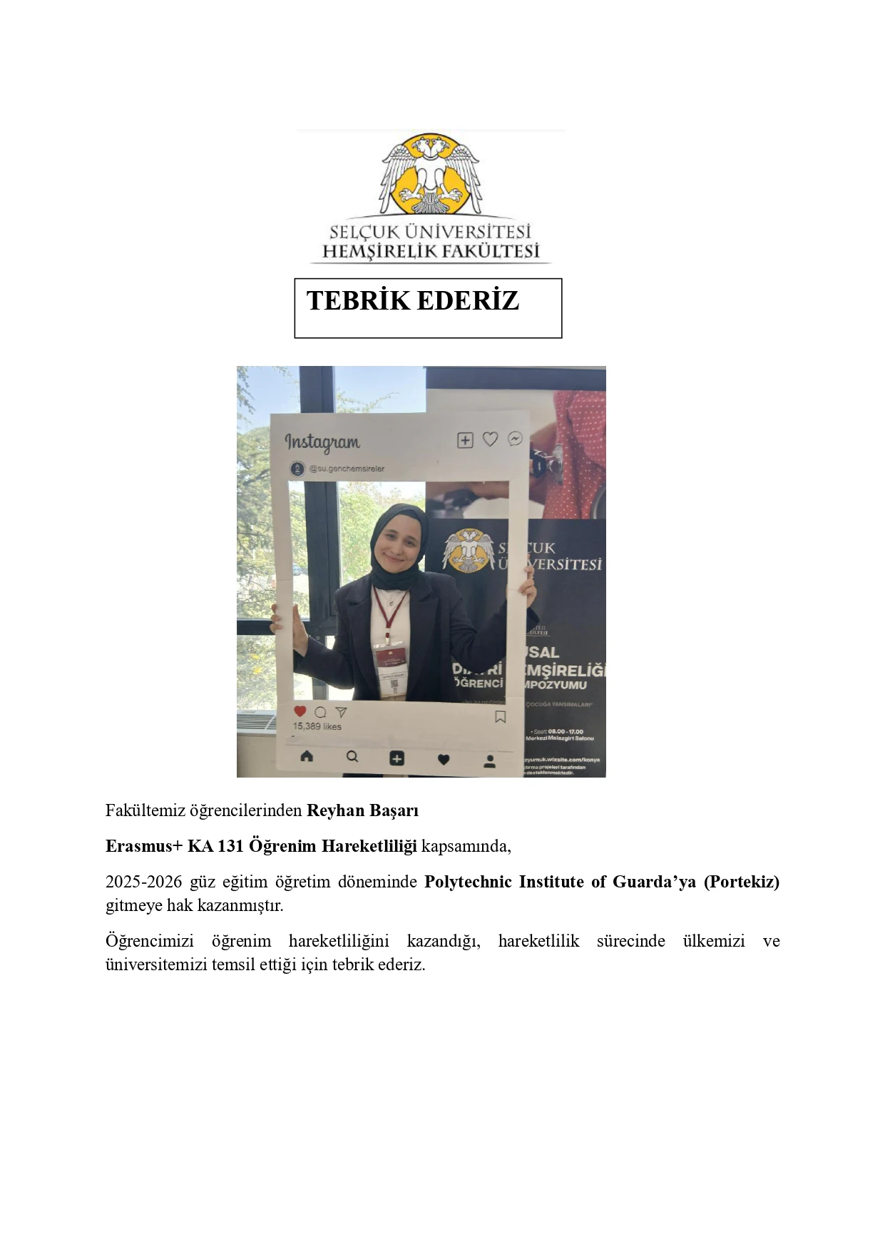 Fakültemiz Öğrencisi Reyhan Başarı Tebriki